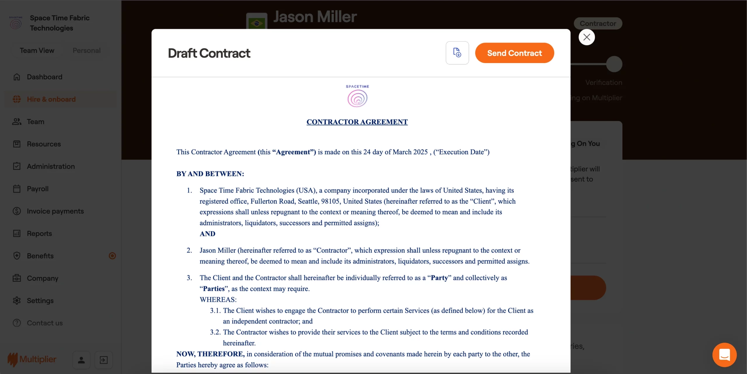 Contract sent to the contractor for onboarding in Brazil.